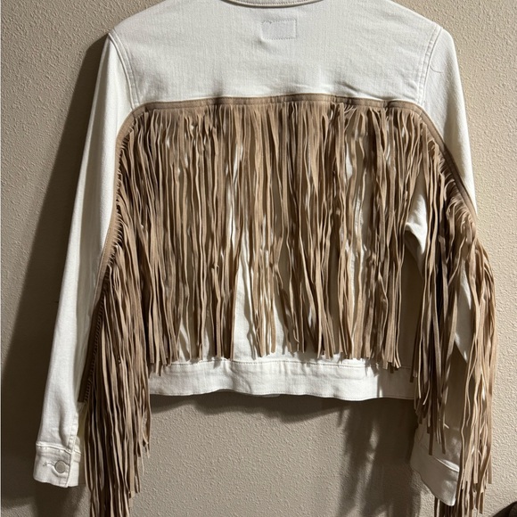 Judy blue Cream/White Denim Jacket with Fringe - Picture 3 of 7